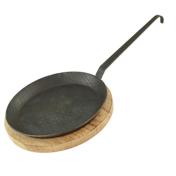 Schmiedeeiserne Brat- und Servierpfanne 1 Stück Ø 24 cm mit Hakenstiel inklusive Servierbrett