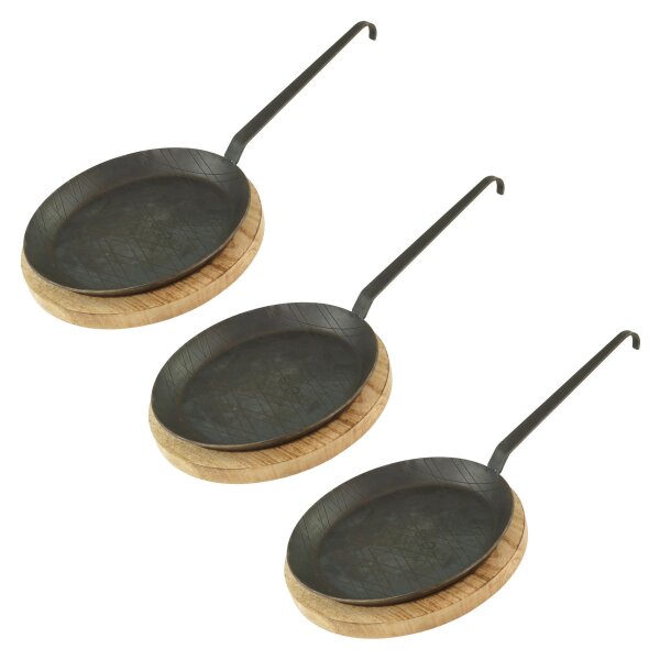 Schmiedeeiserne Brat- und Servierpfanne 3 Stück Ø 28 cm mit Hakenstiel inklusive Servierbrett