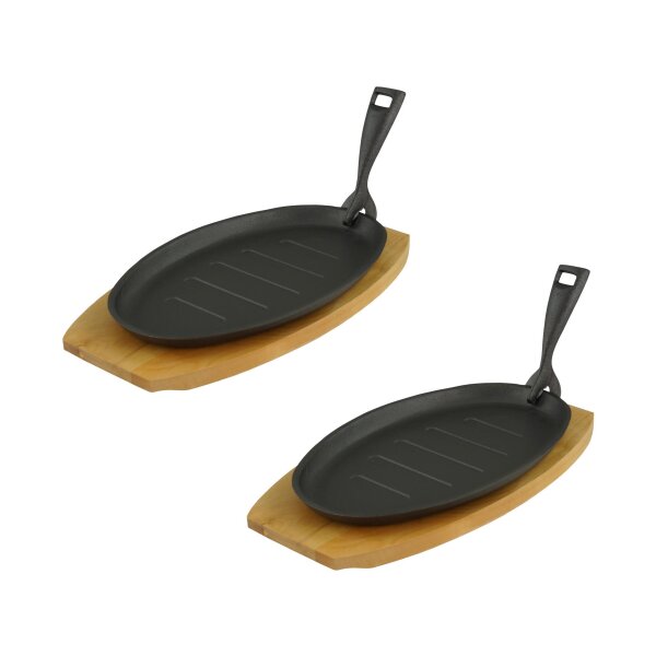 Servierpfanne mit Servierbrett oval 27,5 x17,5 x 2cm Gusseisen 2 Stück im Set