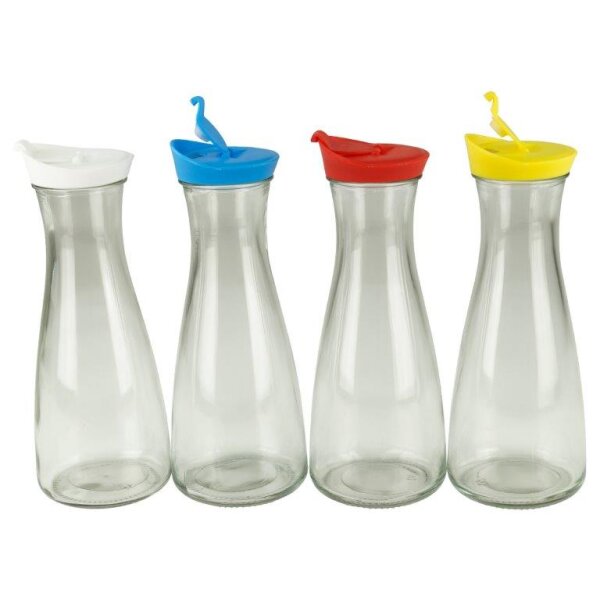 Glaskaraffe mit Deckel 1 Liter 4 Stück Weiß/Blau/Rot/Gelb