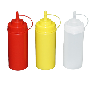 Je 1 Stück rot, gelb, transparente Quetschflaschen 0,49 Liter Dosierflasche Spenderflasche Dressingflasche