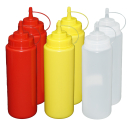 Je 2 Stück rot, gelb,transparente Quetschflaschen 1 Liter Dosierflasche Spenderflasche Dressingflasche