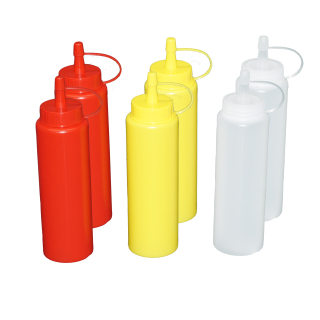 Je 2 Stück rot, gelb, transparente Quetschflaschen 0,26 Liter Dosierflasche Spenderflasche Dressingflasche